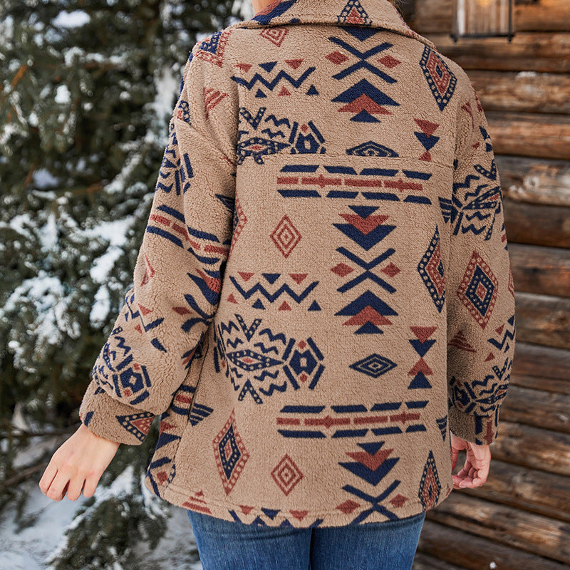 Rosgrove | Women - Oversized Plush Jacket - Fuzzy Geometric Pattern