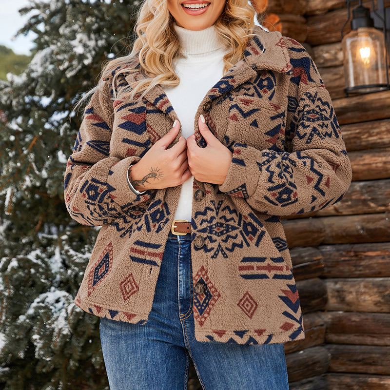 Rosgrove | Women - Oversized Plush Jacket - Fuzzy Geometric Pattern