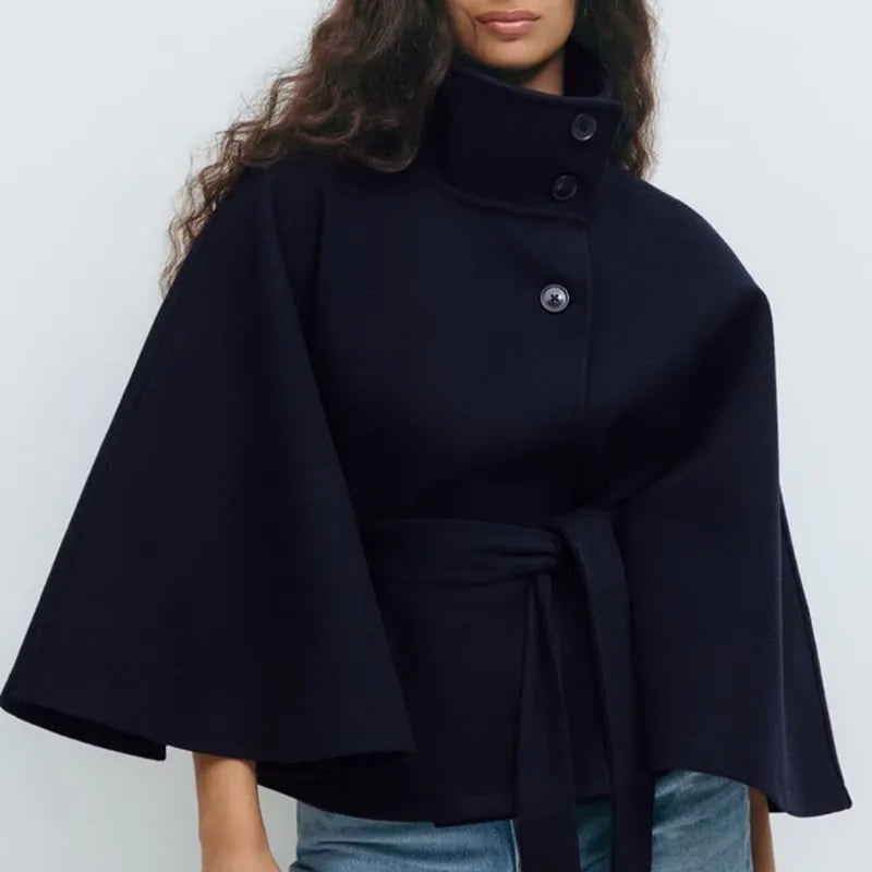 Rosgrove | Women - Funnel Neck Short Cape Coat - Belted Waist
