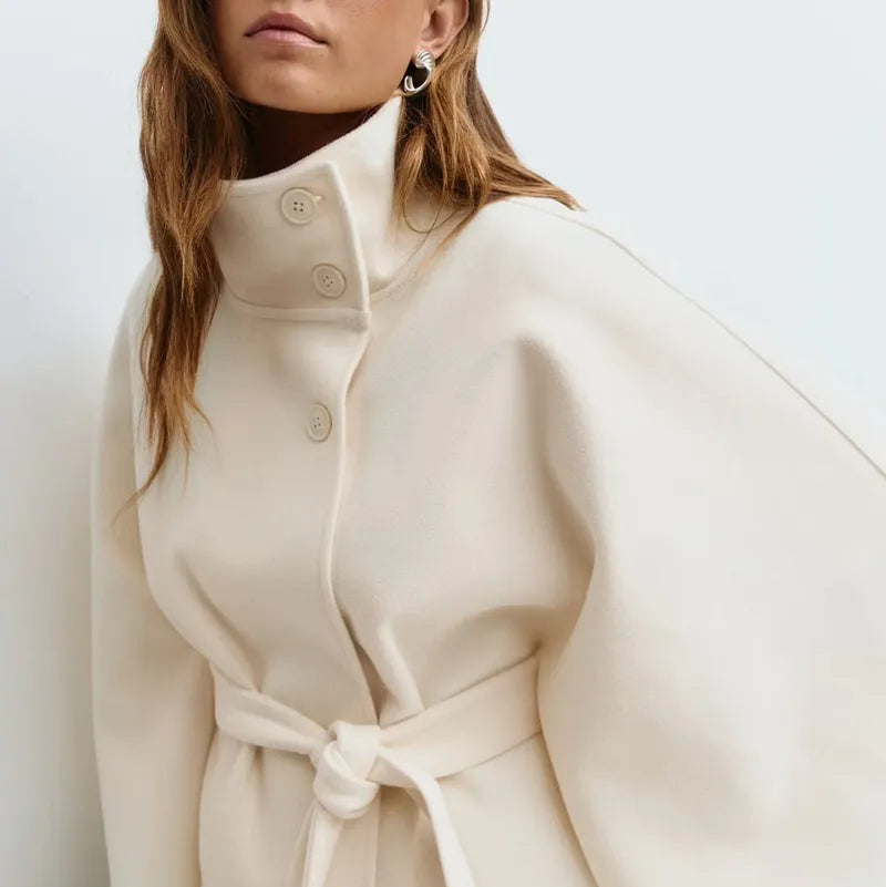 Rosgrove | Women - Funnel Neck Short Cape Coat - Belted Waist