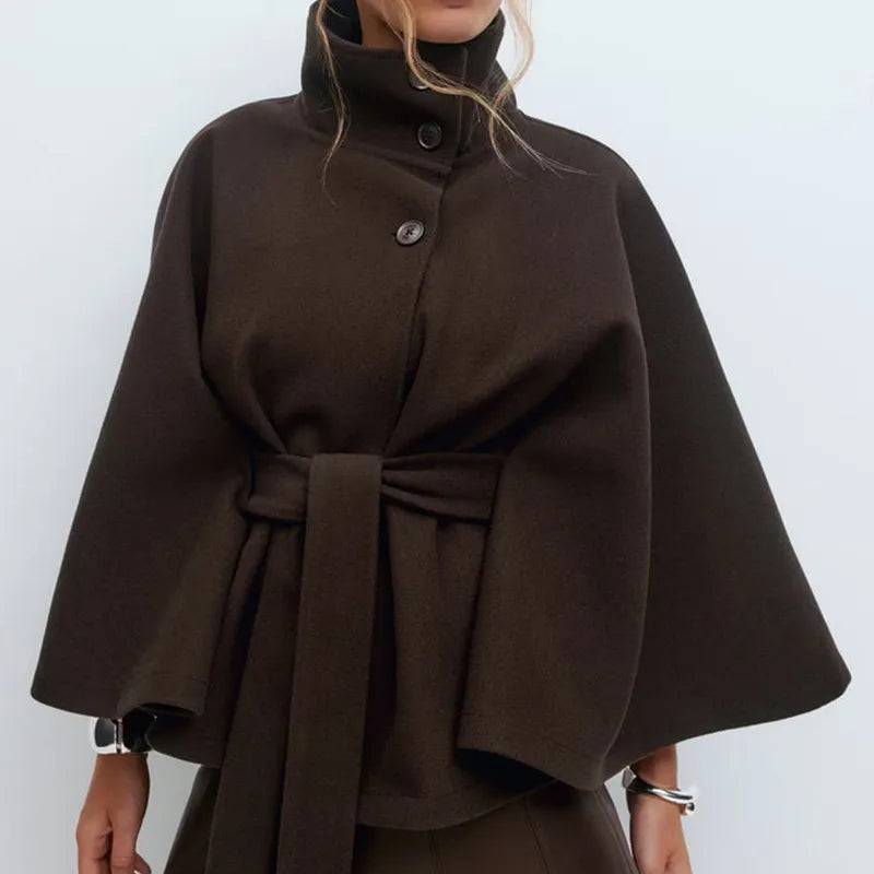 Rosgrove | Women - Funnel Neck Short Cape Coat - Belted Waist