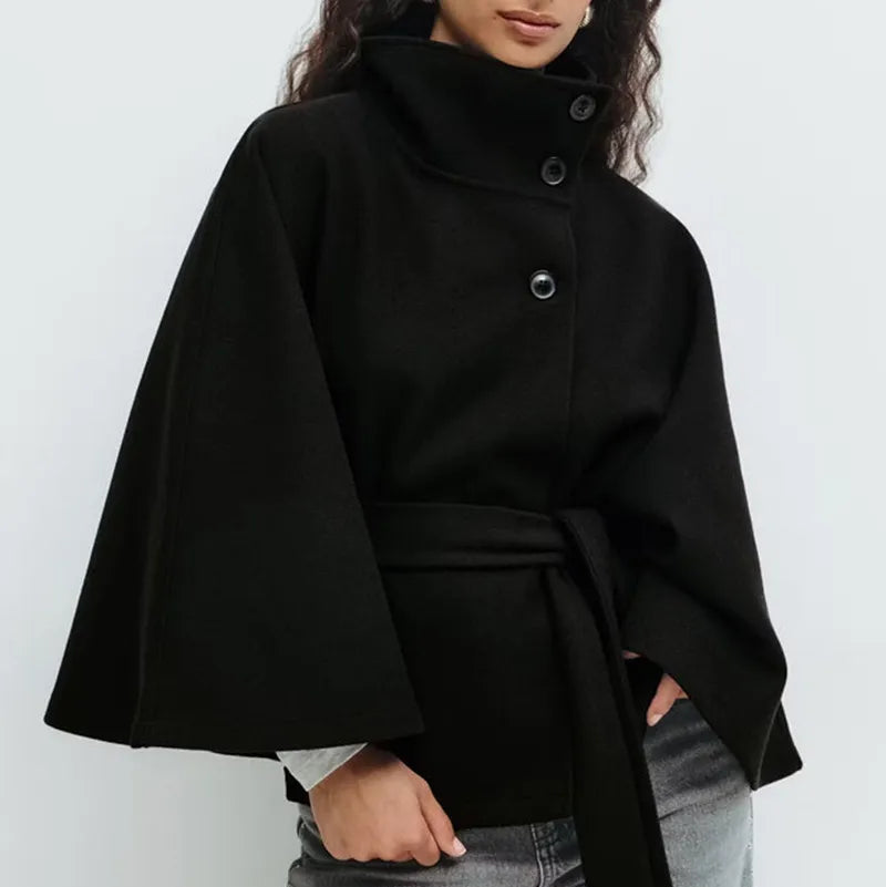 Rosgrove | Women - Funnel Neck Short Cape Coat - Belted Waist