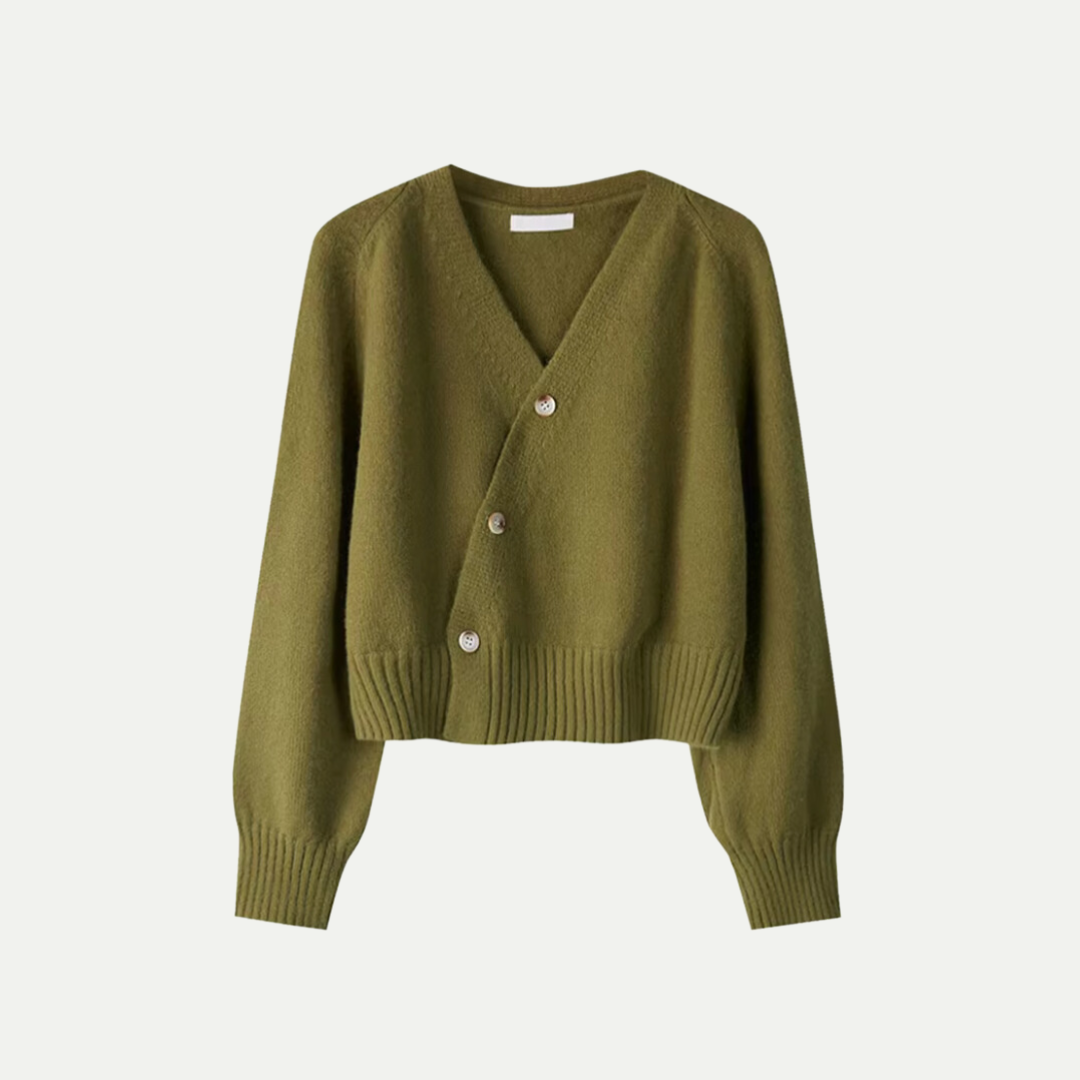 Rosgrove | Women - V-Neck Button Cardigan - Asymmetric Knit Style