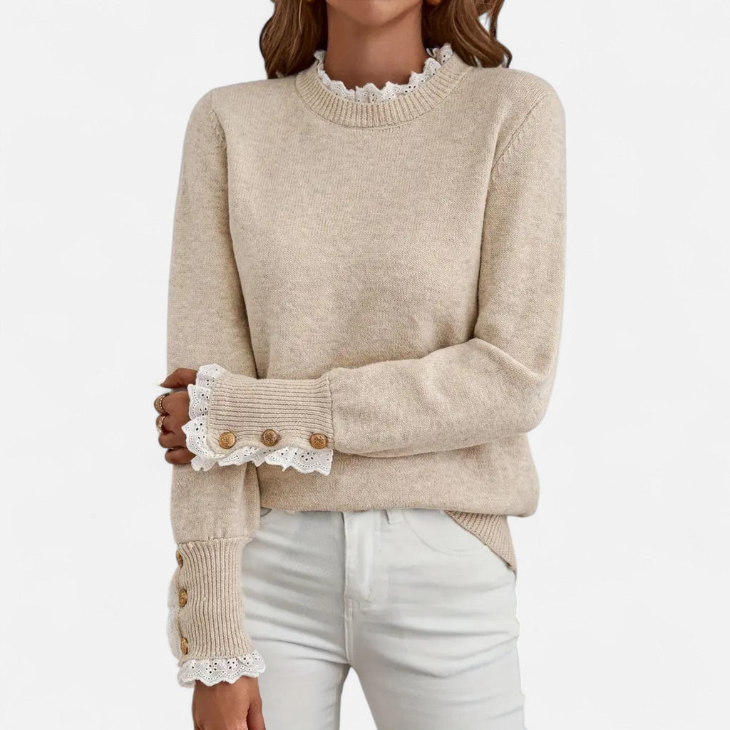 Rosgrove | Women - Elegant Beige Lace Detail Crew Neck Jumper