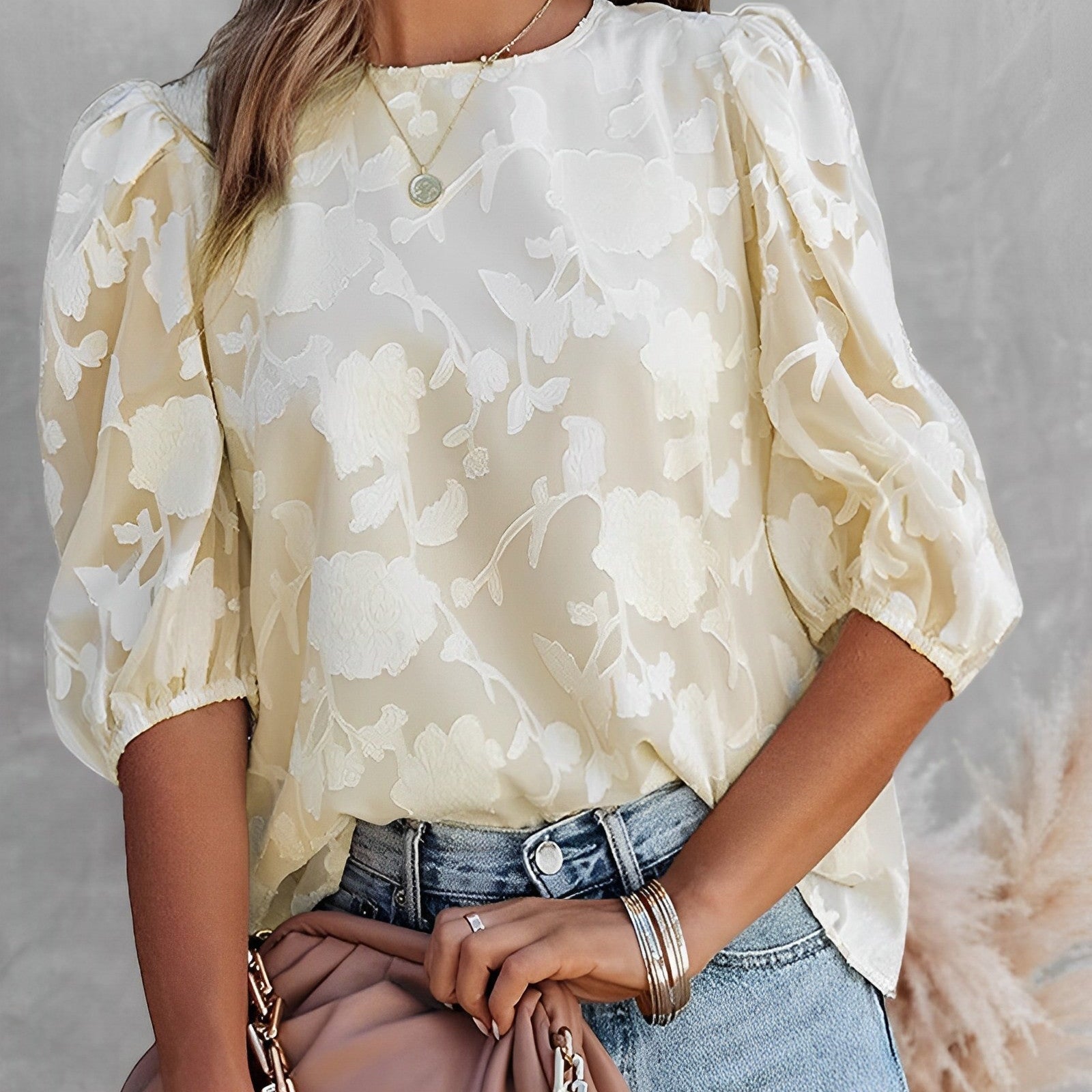 Rosgrove | Women - Puff Sleeve Chiffon Shirt - Elegant Lightweight Blouse