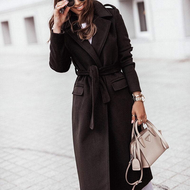 Rosgrove | Women - Notch Lapel Longline Coat - Waist Belt