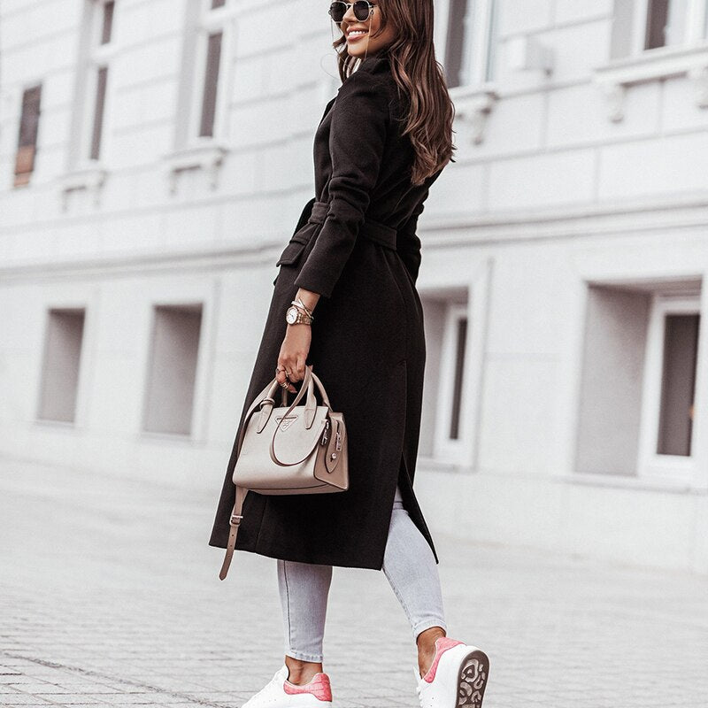 Rosgrove | Women - Notch Lapel Longline Coat - Waist Belt