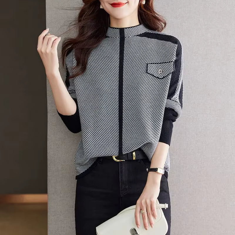 Rosgrove | Women - Hip-Length Mock Neck Pullover with Diagonal Stripes