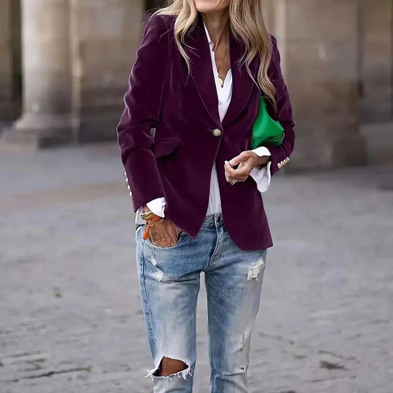 Rosgrove | Women - Velvet Blazer - Gold Button Details