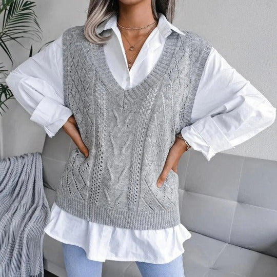 Rosgrove | Women - Casual Cable Knit V-Neck Vest - Wool Blend
