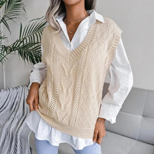 Rosgrove | Women - Casual Cable Knit V-Neck Vest - Wool Blend