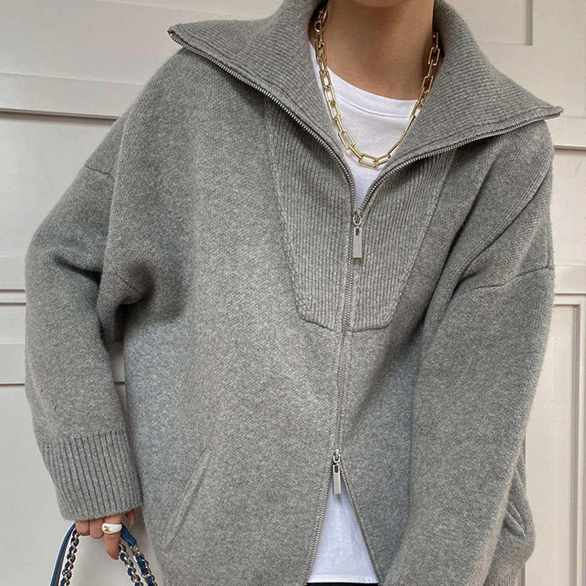 Rosgrove | Women - Oversized Wool Knit Cardigan - Zip Front