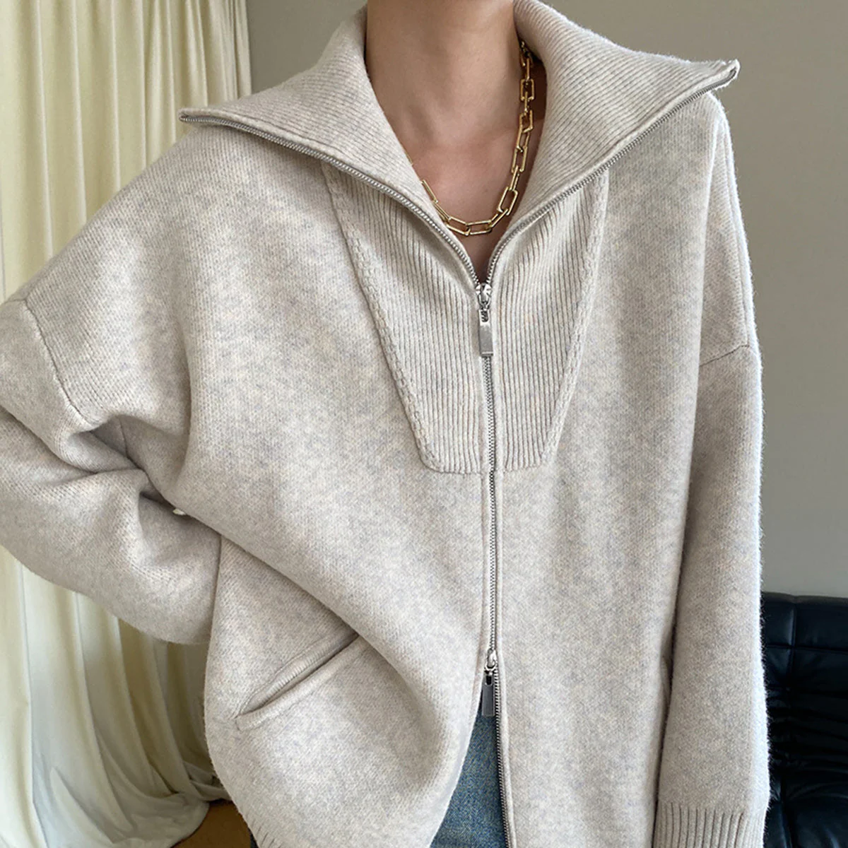 Rosgrove | Women - Oversized Wool Knit Cardigan - Zip Front