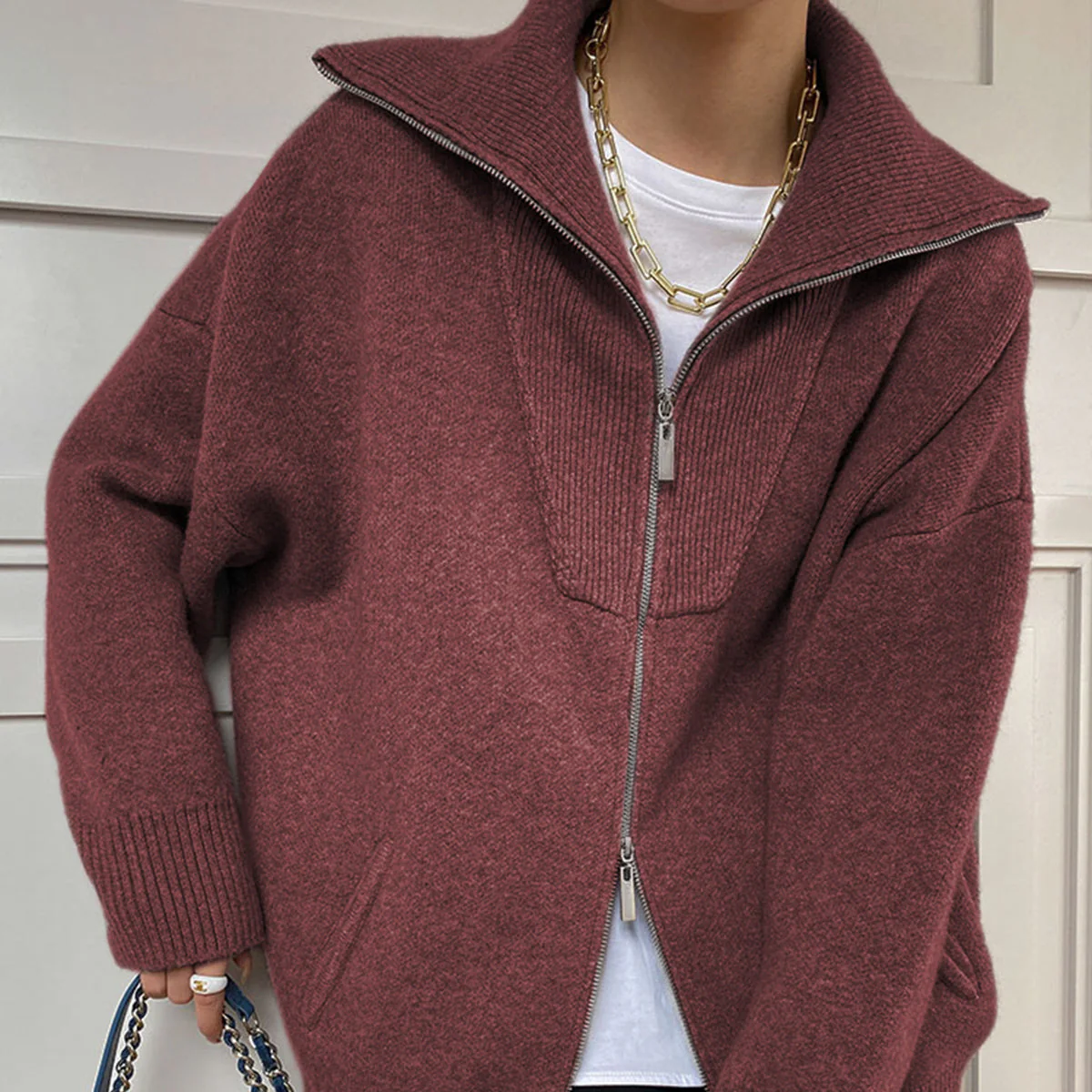 Rosgrove | Women - Oversized Wool Knit Cardigan - Zip Front