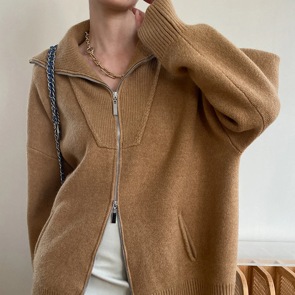 Rosgrove | Women - Oversized Wool Knit Cardigan - Zip Front