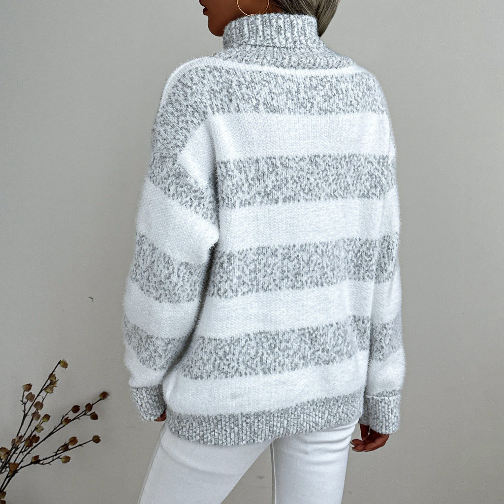 Rosgrove | Women - Grey Striped Turtleneck Jumper - Cozy Style