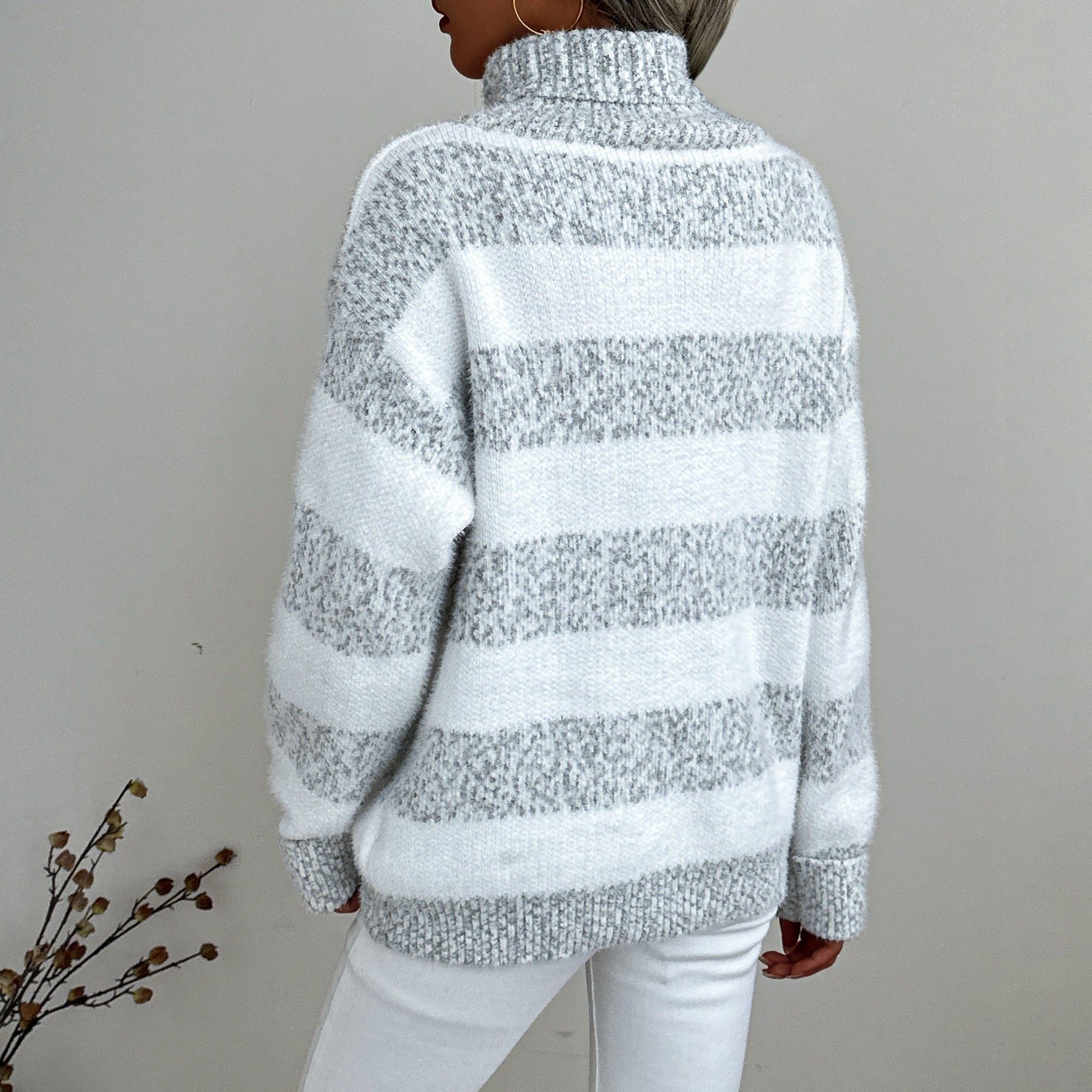 Rosgrove | Women - Grey Striped Turtleneck Jumper - Cozy Style