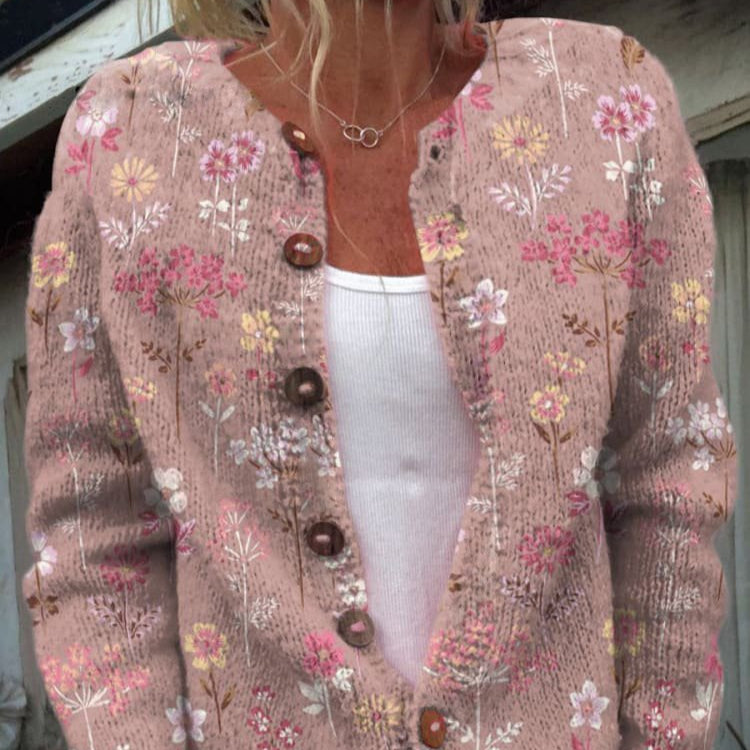Rosgrove | Women - Floral Knit Cardigan - Crew Neck