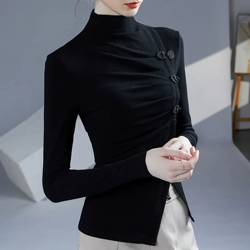 Rosgrove | Women - Ribbed Slim Fit Blouse - High Neck Design