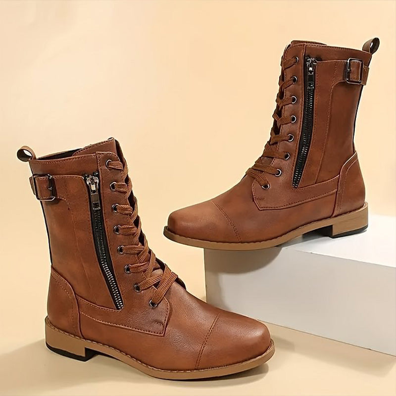 Rosgrove | Women - Mid-Calf Lace-Up Boots - Zipper & Buckle Design