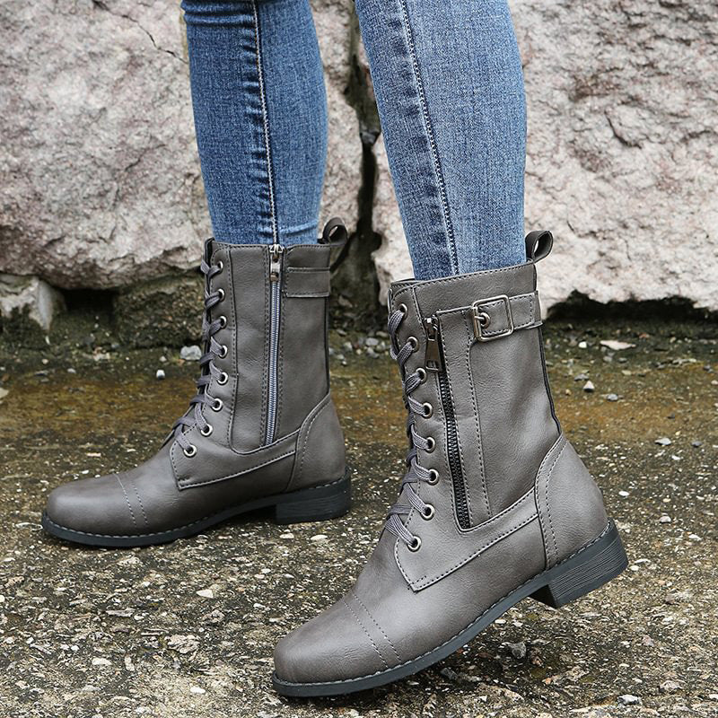 Rosgrove | Women - Mid-Calf Lace-Up Boots - Zipper & Buckle Design