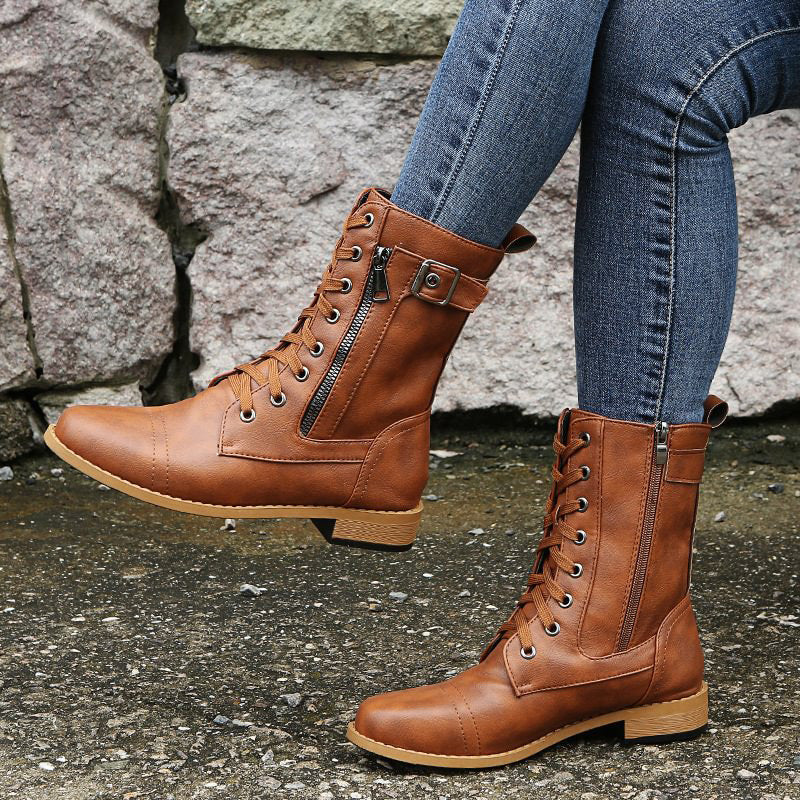 Rosgrove | Women - Mid-Calf Lace-Up Boots - Zipper & Buckle Design