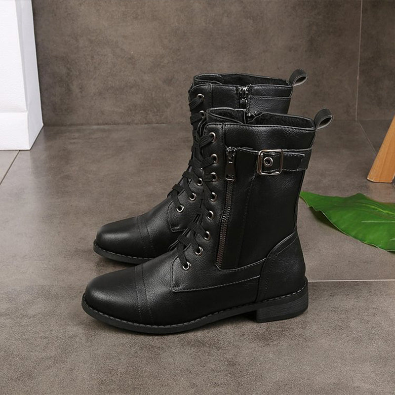 Rosgrove | Women - Mid-Calf Lace-Up Boots - Zipper & Buckle Design