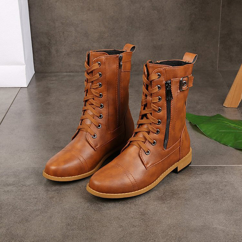 Rosgrove | Women - Mid-Calf Lace-Up Boots - Zipper & Buckle Design