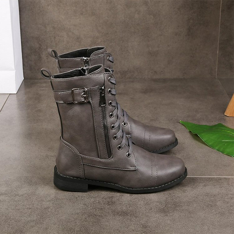Rosgrove | Women - Mid-Calf Lace-Up Boots - Zipper & Buckle Design