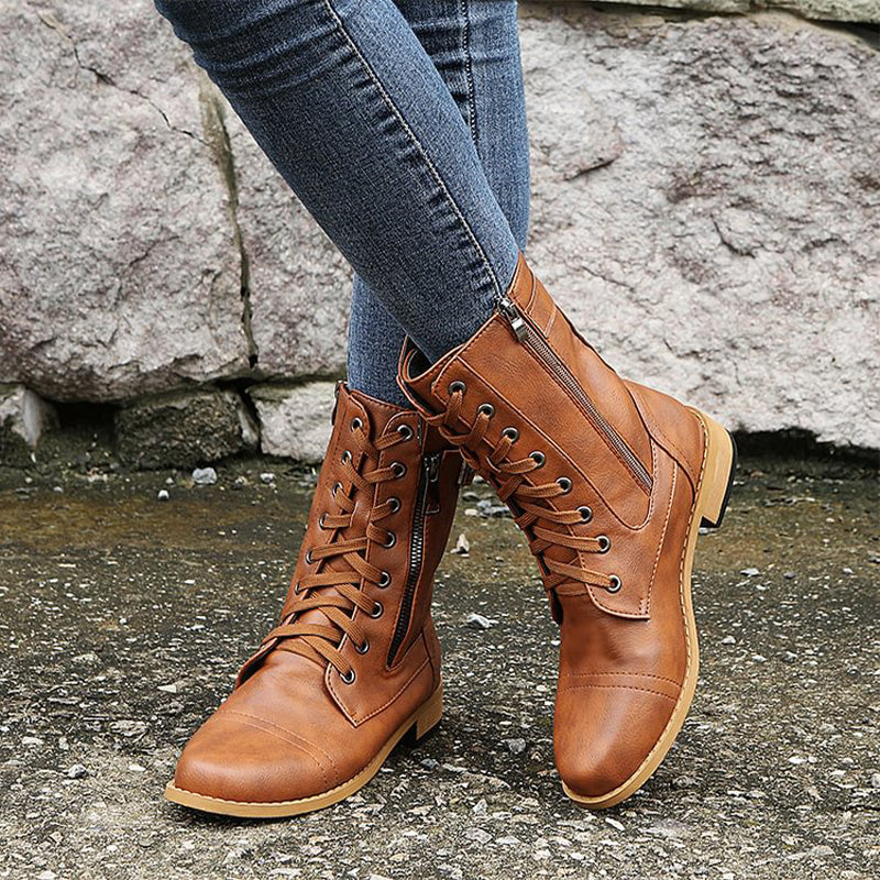 Rosgrove | Women - Mid-Calf Lace-Up Boots - Zipper & Buckle Design