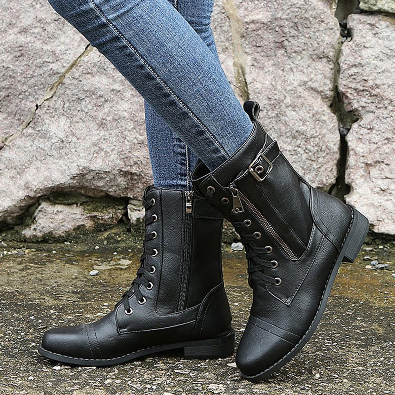 Rosgrove | Women - Mid-Calf Lace-Up Boots - Zipper & Buckle Design