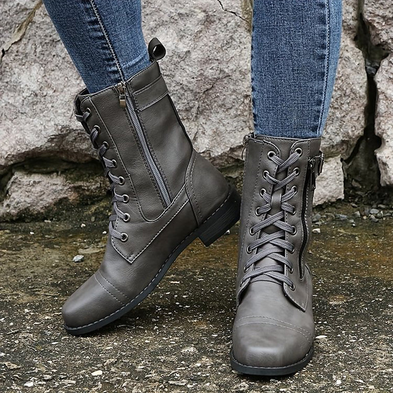 Rosgrove | Women - Mid-Calf Lace-Up Boots - Zipper & Buckle Design