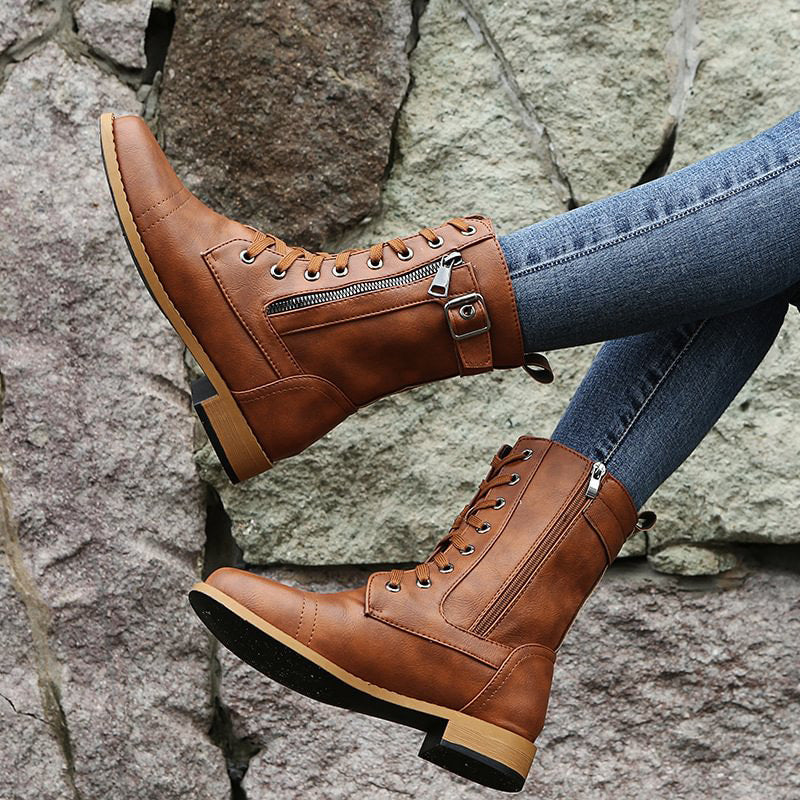 Rosgrove | Women - Mid-Calf Lace-Up Boots - Zipper & Buckle Design