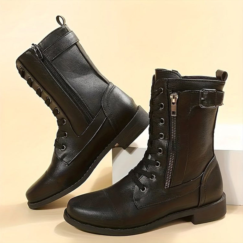 Rosgrove | Women - Mid-Calf Lace-Up Boots - Zipper & Buckle Design