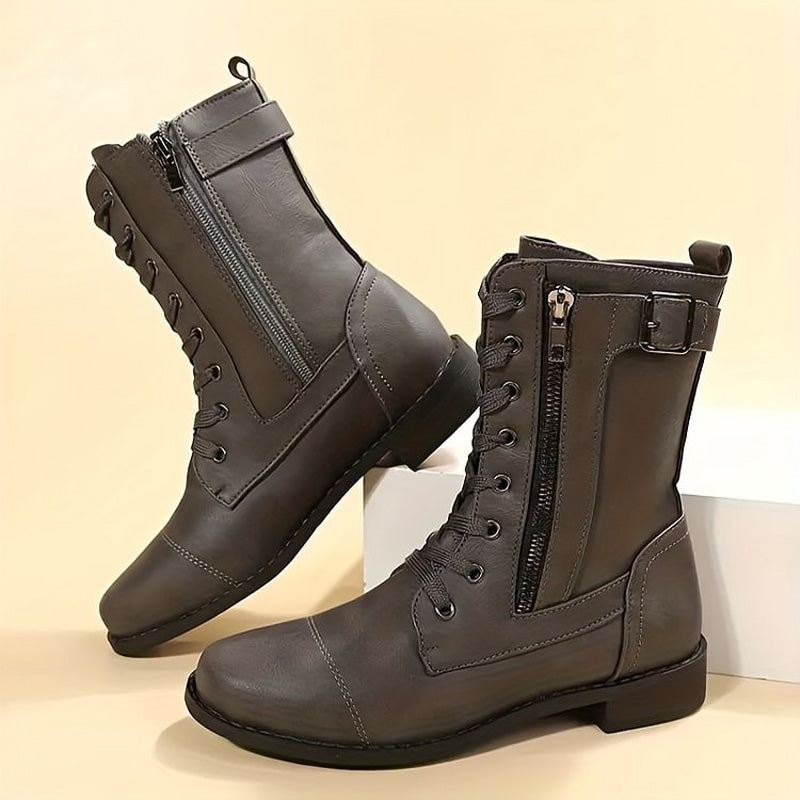 Rosgrove | Women - Mid-Calf Lace-Up Boots - Zipper & Buckle Design