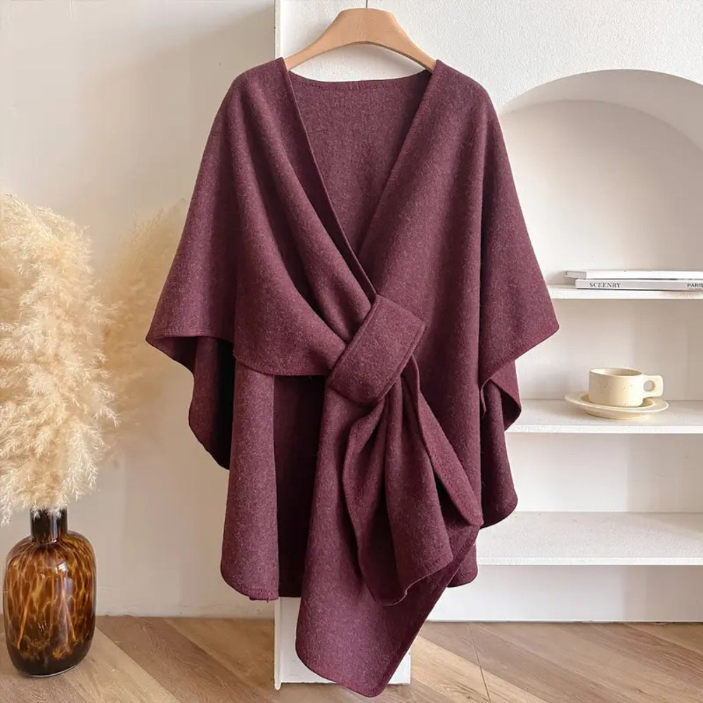 Rosgrove | Women - Draped Wool Poncho Coat with Waist Tie