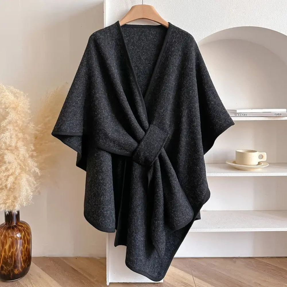 Rosgrove | Women - Draped Wool Poncho Coat with Waist Tie