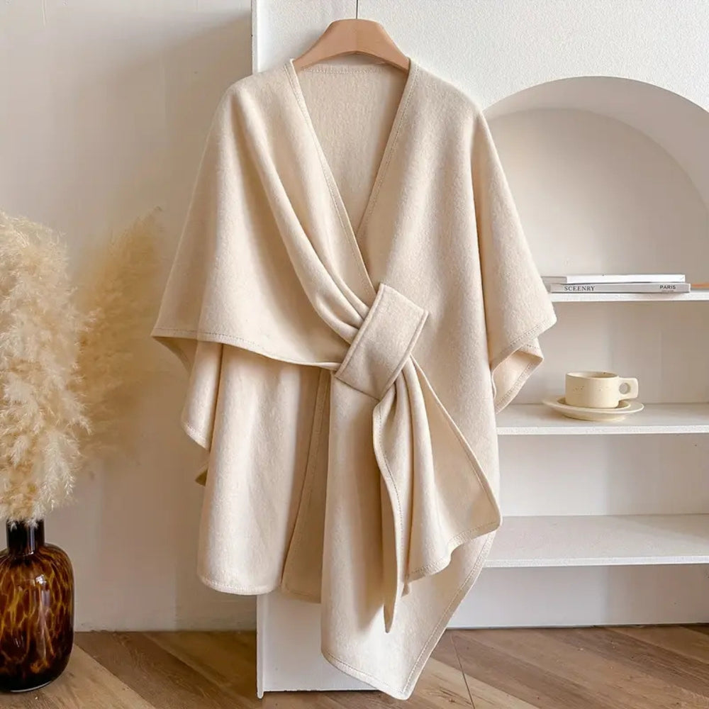 Rosgrove | Women - Draped Wool Poncho Coat with Waist Tie